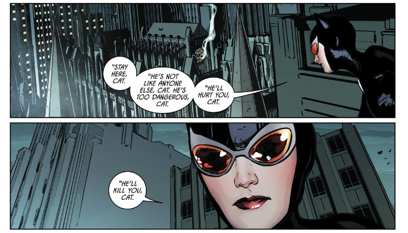 Catwoman recalls some wise words from Bruce after hearing a worrisome gunshot.